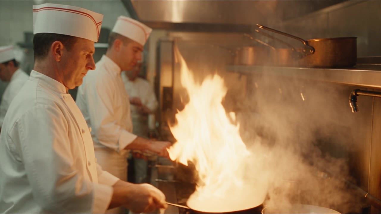 Cooks at the stove, a pan in flames